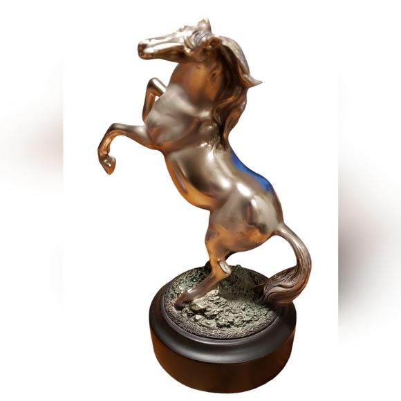 Western Black Beauty Prancing Horse Stallion Silver Resin Figurine With Base - Picture 4 of 4